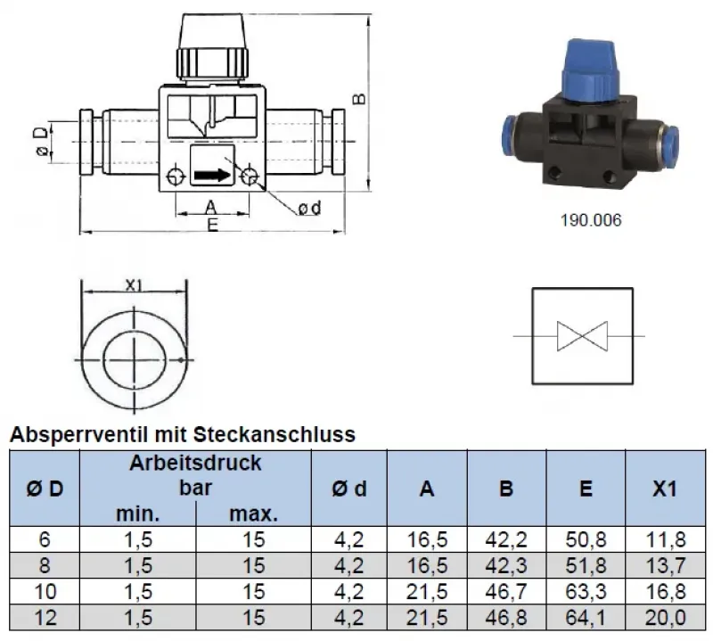 Maßtabelle Riegler® Absperrhahn Standard mit Steckanschluss